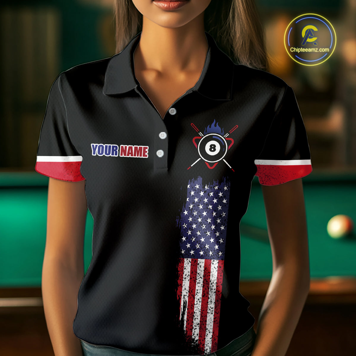 Custom American Flag Black Eagle Billiards Shirt for Women 8 Ball Pool Team Jersey Billiard Gift BHT100
