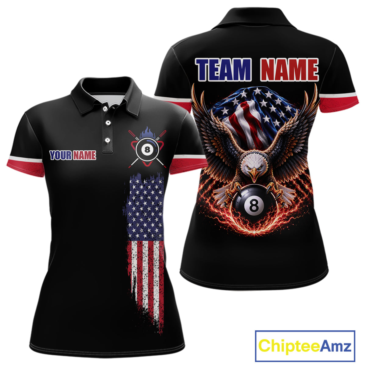 Custom American Flag Black Eagle Billiards Shirt for Women 8 Ball Pool Team Jersey Billiard Gift BHT100