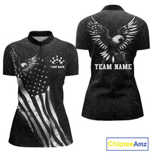 Load image into Gallery viewer, Front and back view custom black patriotic bowling quarter-zip shirt featuring a bald eagle with spread wings, American flag design and distressed grunge pattern, personalized with team name and player name