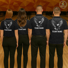 Load image into Gallery viewer, Group of four wearing custom black patriotic bowling shirts back view displaying personalized team names below spread-wing bald eagle artwork on a distressed black American flag background at the bowling alley