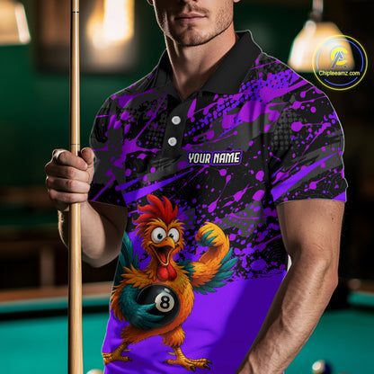 Custom Purple Funny Chicken Billiard Shirt, 8 Ball Pool Team Jersey for Men, Polo & 1/4 Zip BHT106