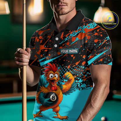Custom Turquoise Funny Chicken Billiard Shirt, 8 Ball Pool Team Jersey for Men, Polo & 1/4 Zip BHT106