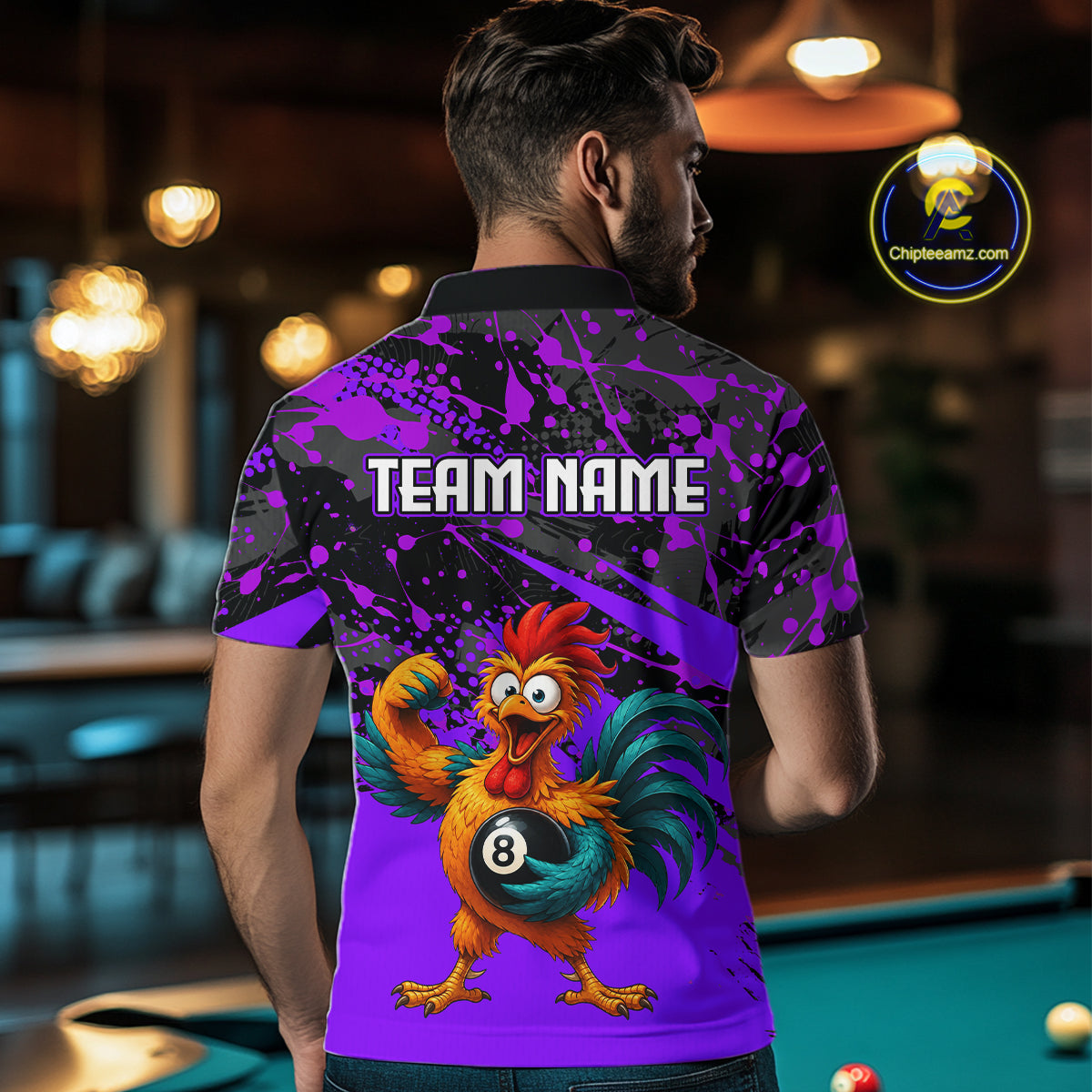 Custom Purple Funny Chicken Billiard Shirt, 8 Ball Pool Team Jersey for Men, Polo & 1/4 Zip BHT106