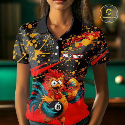 Custom Red Funny Chicken Billiard Shirt, 8 Ball Pool Team Jersey for Women, Polo & 1/4 Zip BHT106