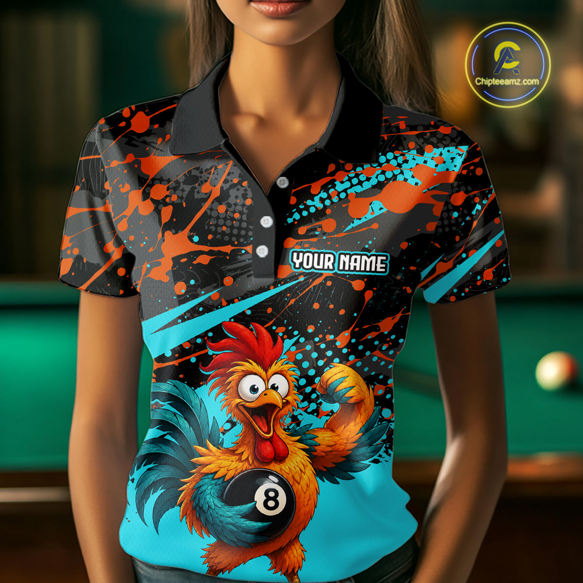 Custom Turquoise Funny Chicken Billiard Shirt, 8 Ball Pool Team Jersey for Women, Polo & 1/4 Zip BHT106