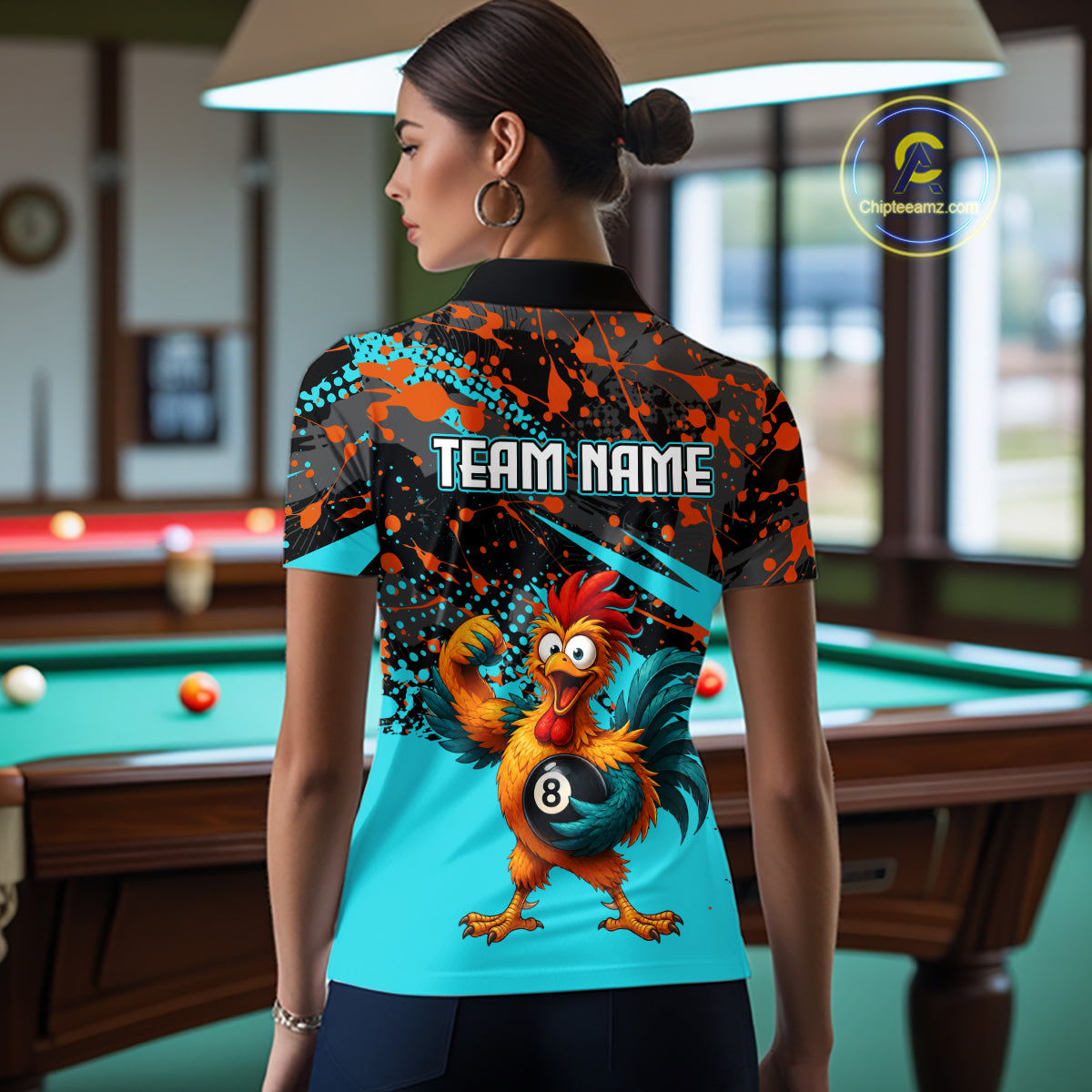 Custom Turquoise Funny Chicken Billiard Shirt, 8 Ball Pool Team Jersey for Women, Polo & 1/4 Zip BHT106