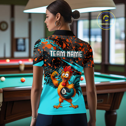 Custom Turquoise Funny Chicken Billiard Shirt, 8 Ball Pool Team Jersey for Women, Polo & 1/4 Zip BHT106