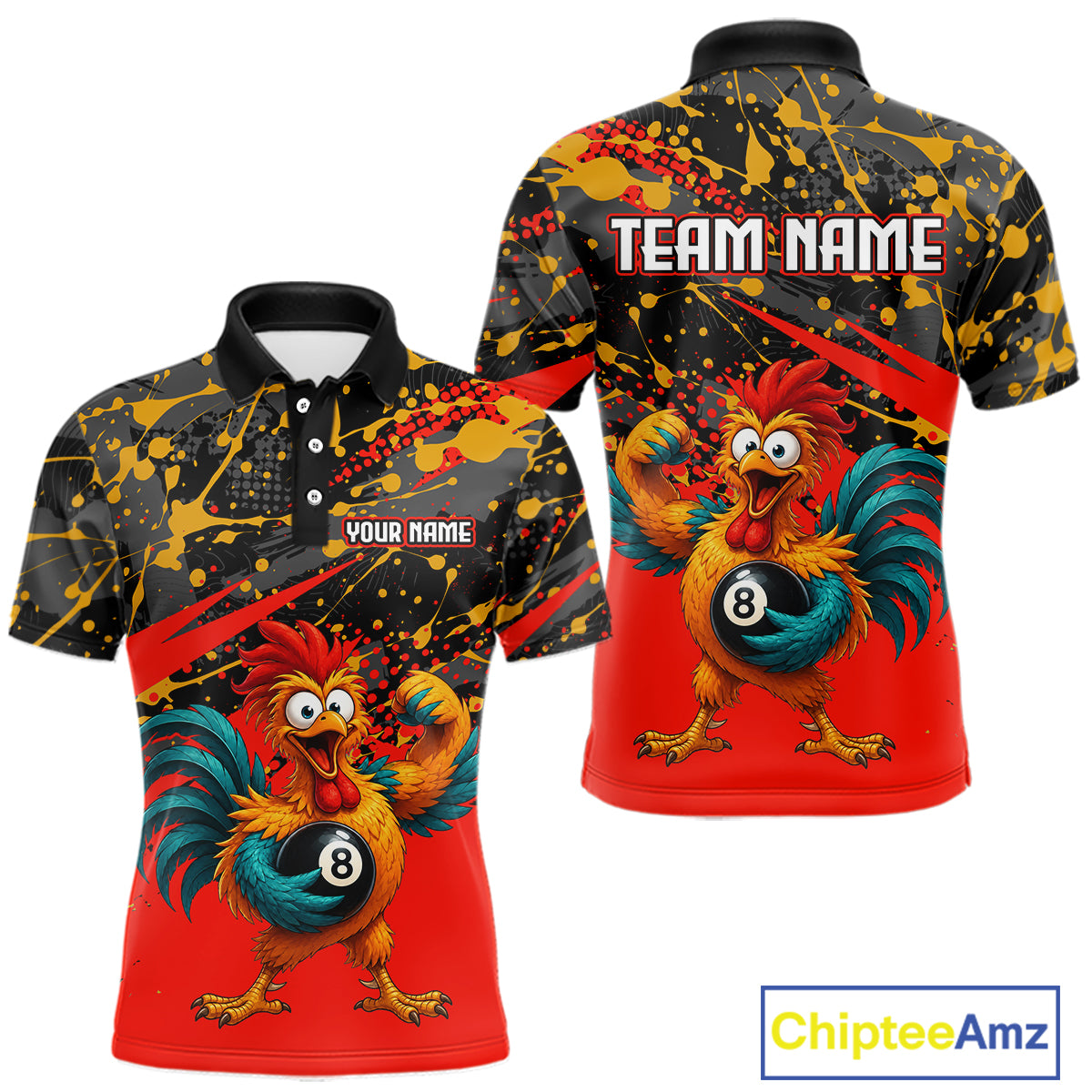 Custom Red Funny Chicken Billiard Shirt, 8 Ball Pool Team Jersey for Men, Polo & 1/4 Zip BHT106