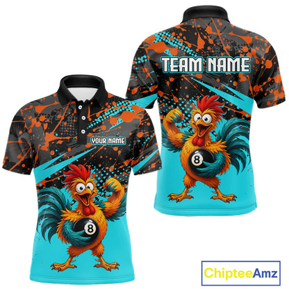 Custom Turquoise Funny Chicken Billiard Shirt, 8 Ball Pool Team Jersey for Men, Polo & 1/4 Zip BHT106