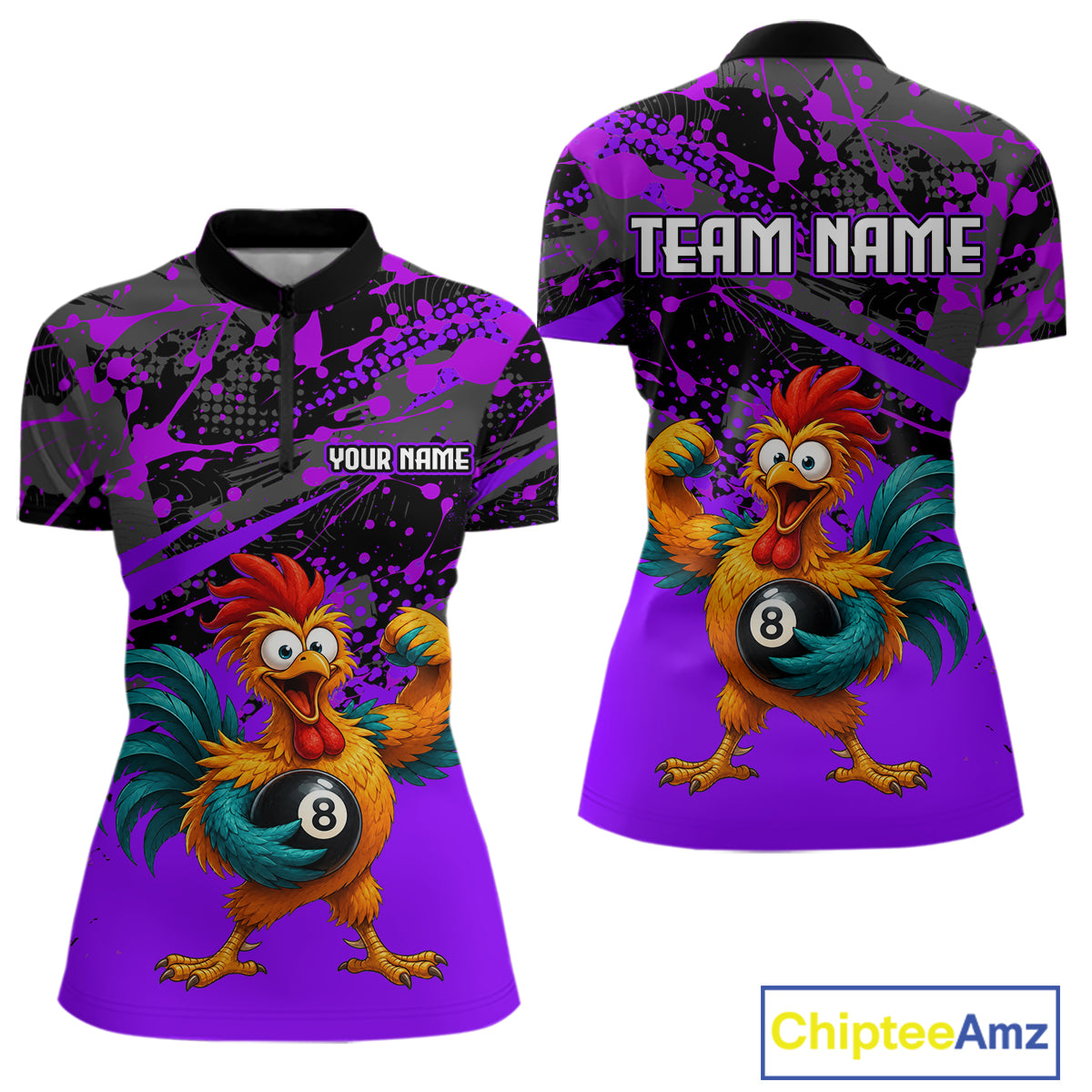 Custom Purple Funny Chicken Billiard Shirt, 8 Ball Pool Team Jersey for Women, Polo & 1/4 Zip BHT106