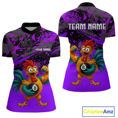 Custom Purple Funny Chicken Billiard Shirt, 8 Ball Pool Team Jersey for Women, Polo & 1/4 Zip BHT106