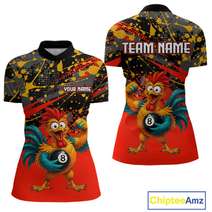 Custom Red Funny Chicken Billiard Shirt, 8 Ball Pool Team Jersey for Women, Polo & 1/4 Zip BHT106