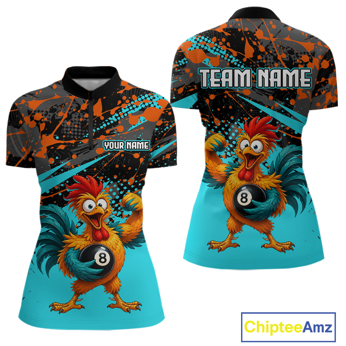 Custom Turquoise Funny Chicken Billiard Shirt, 8 Ball Pool Team Jersey for Women, Polo & 1/4 Zip BHT106