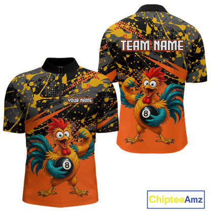 Custom Orange Funny Chicken Billiard Shirt, 8 Ball Pool Team Jersey for Men, Polo & 1/4 Zip BHT106