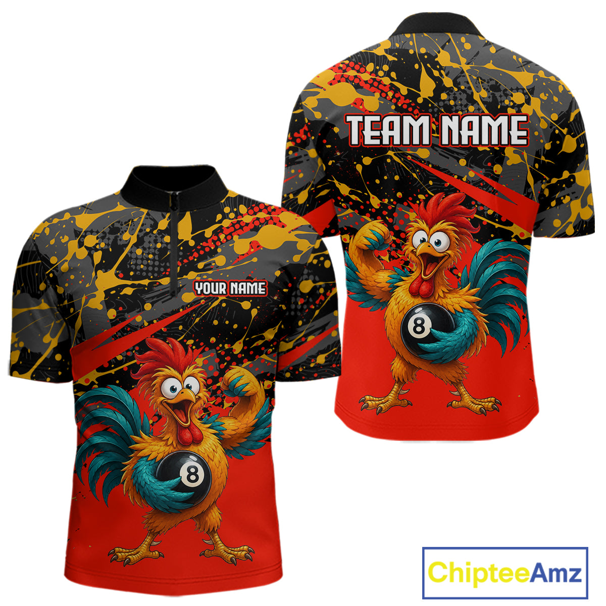 Custom Red Funny Chicken Billiard Shirt, 8 Ball Pool Team Jersey for Men, Polo & 1/4 Zip BHT106