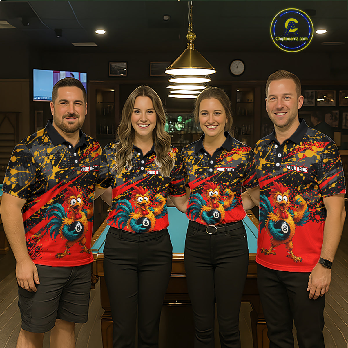 Custom Red Funny Chicken Billiard Shirt, 8 Ball Pool Team Jersey for Women, Polo & 1/4 Zip BHT106