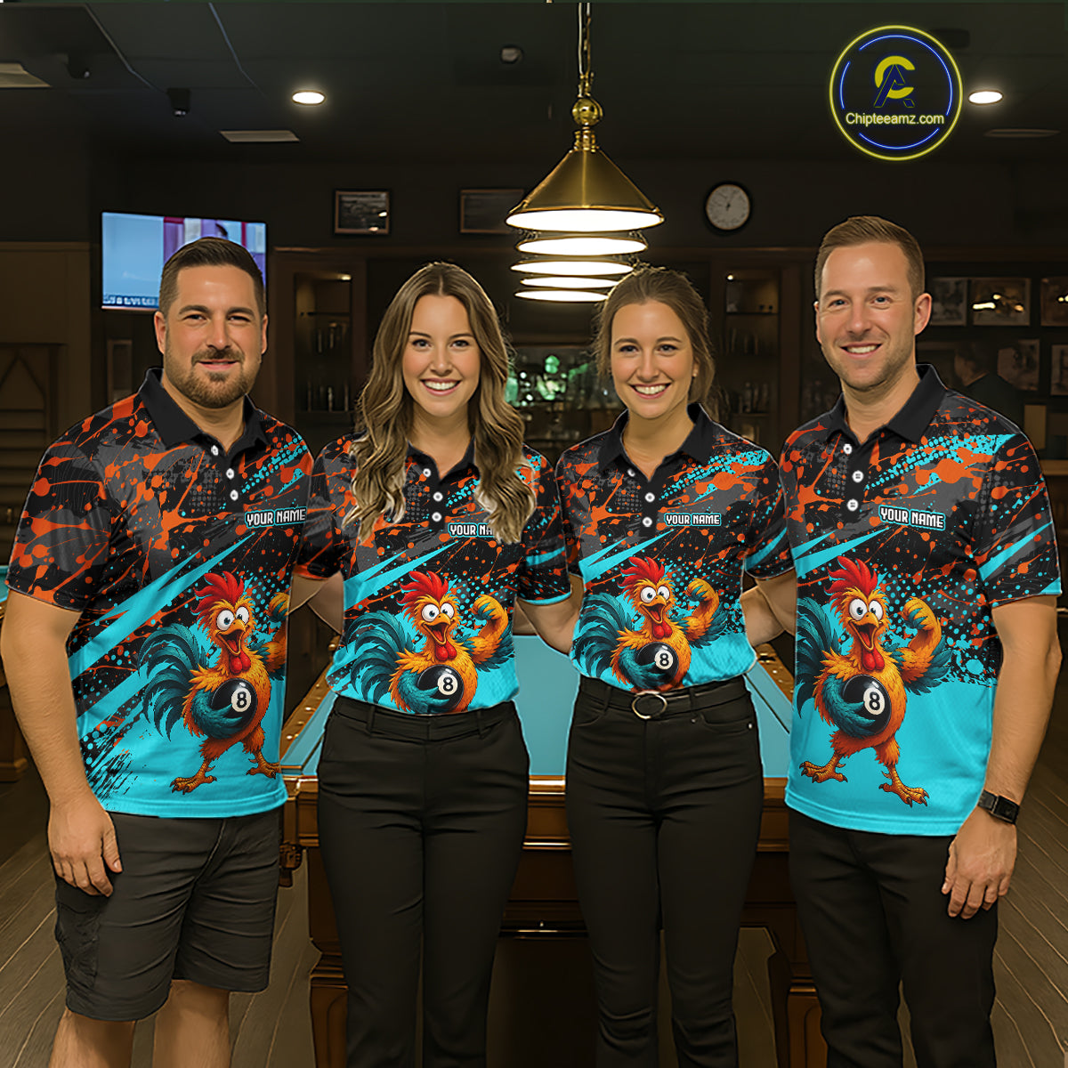 Custom Turquoise Funny Chicken Billiard Shirt, 8 Ball Pool Team Jersey for Men, Polo & 1/4 Zip BHT106