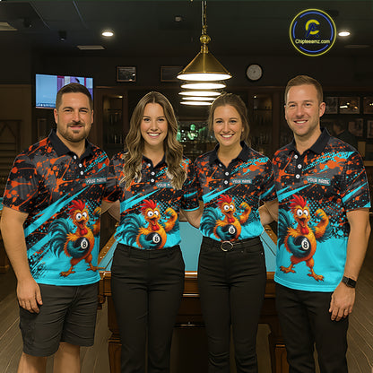 Custom Turquoise Funny Chicken Billiard Shirt, 8 Ball Pool Team Jersey for Men, Polo & 1/4 Zip BHT106