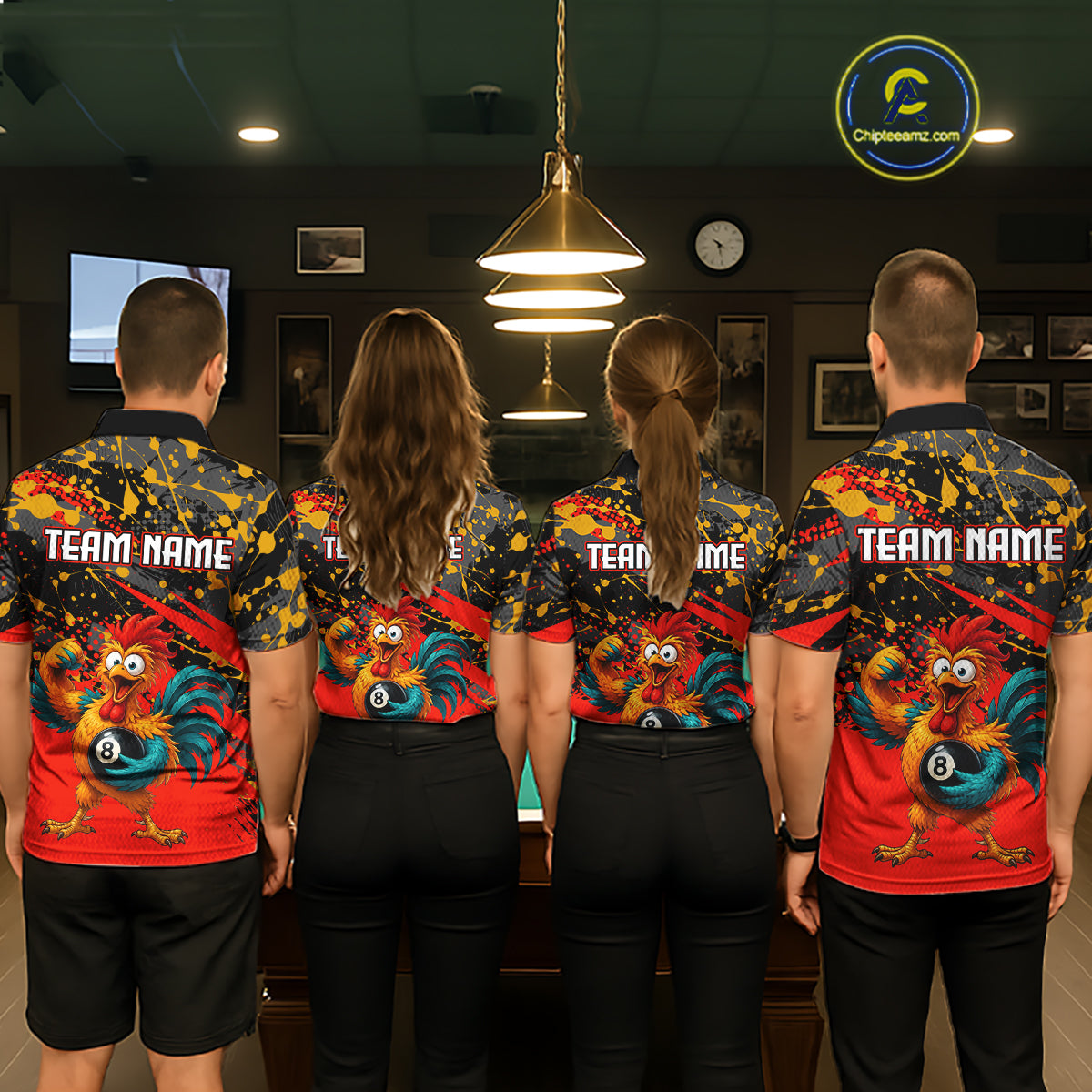 Custom Red Funny Chicken Billiard Shirt, 8 Ball Pool Team Jersey for Women, Polo & 1/4 Zip BHT106