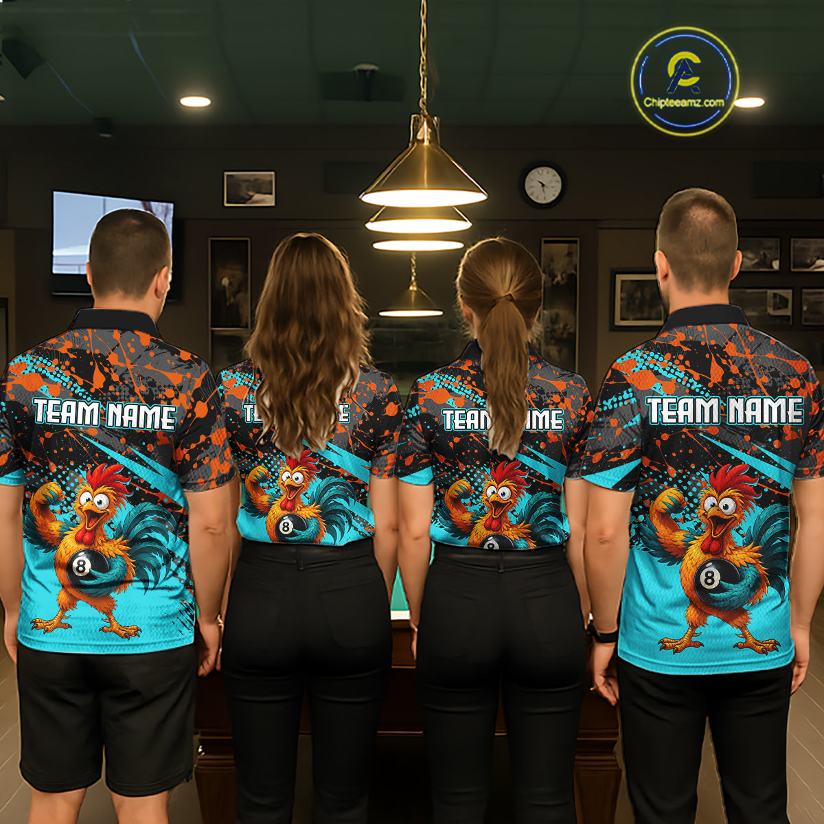 Custom Turquoise Funny Chicken Billiard Shirt, 8 Ball Pool Team Jersey for Men, Polo & 1/4 Zip BHT106