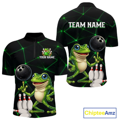 Green Funny Frog Bowling Shirt for Men Custom Bowling Jersey Polo & 1/4 Zip QZT1024