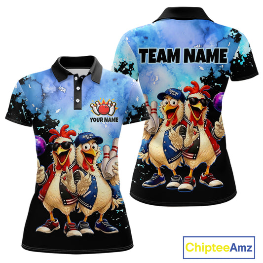 Two polo shirts with cartoon chickens and customizable text on a white background