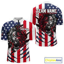 Load image into Gallery viewer, American flag-themed shirt with a lion design and customizable text on a white background.