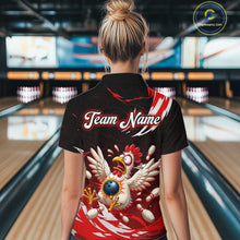 Load image into Gallery viewer, Person wearing a black bowling shirt with a chicken design and 'Team Name' text in a bowling alley.