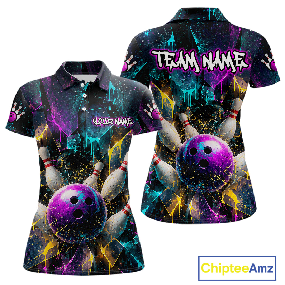 Front and back views of a women's short-sleeve polo shirt featuring a vibrant bowling-themed graphic print with purple bowling balls, white pins, and neon splatter effects on a black background. The shirt includes customizable text placeholders 'YOUR NAME' and 'TEAM NAME'.