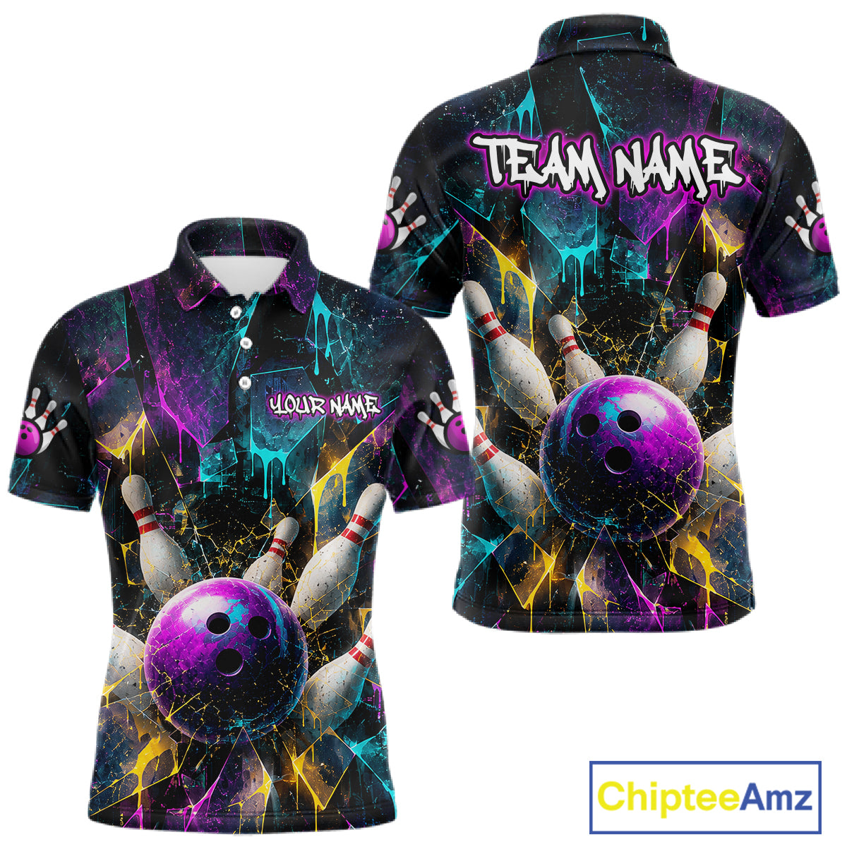 Custom short-sleeve polo shirt shown from the front and back, featuring a vibrant bowling-themed graphic print with a purple bowling ball, white bowling pins, and neon paint splatters on a black background. The front displays 'YOUR NAME' and 'TEAM NAME' placeholders.