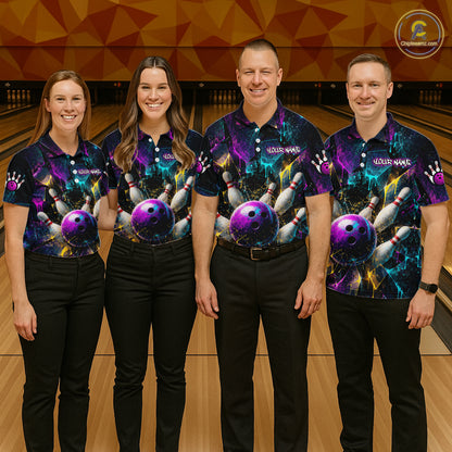 Four people standing in a bowling alley wearing matching short-sleeve bowling shirts with a colorful bowling ball and pins graphic on a dark background, paired with black pants.