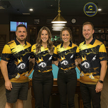 Load image into Gallery viewer, Front view of billiard team wearing matching custom black and gold geometric crown 8 ball billiard polo shirts with personalized team name