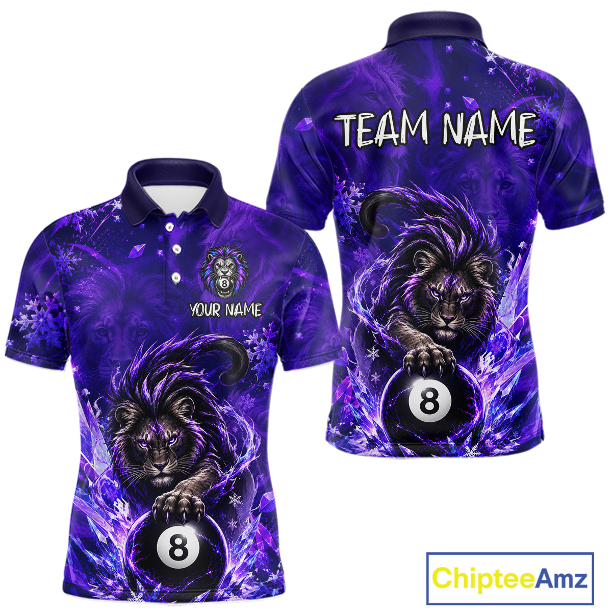 Custom Fierce Lion Billiard Shirt for Men Purple 8 Ball Pool Team Jersey Polo & 1/4 Zip BHT107