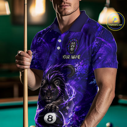 Custom Fierce Lion Billiard Shirt for Men Purple 8 Ball Pool Team Jersey Polo & 1/4 Zip BHT107