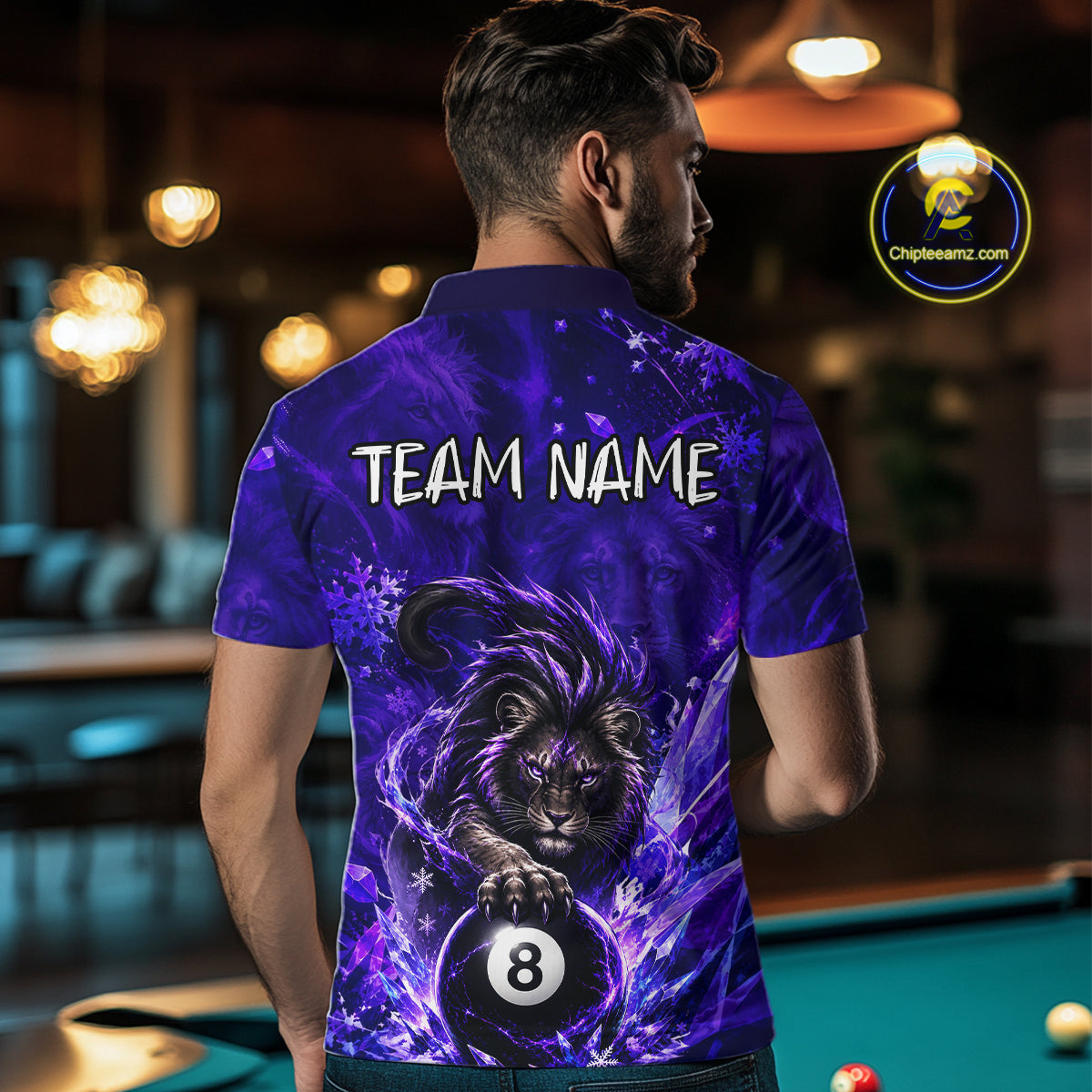 Custom Fierce Lion Billiard Shirt for Men Purple 8 Ball Pool Team Jersey Polo & 1/4 Zip BHT107
