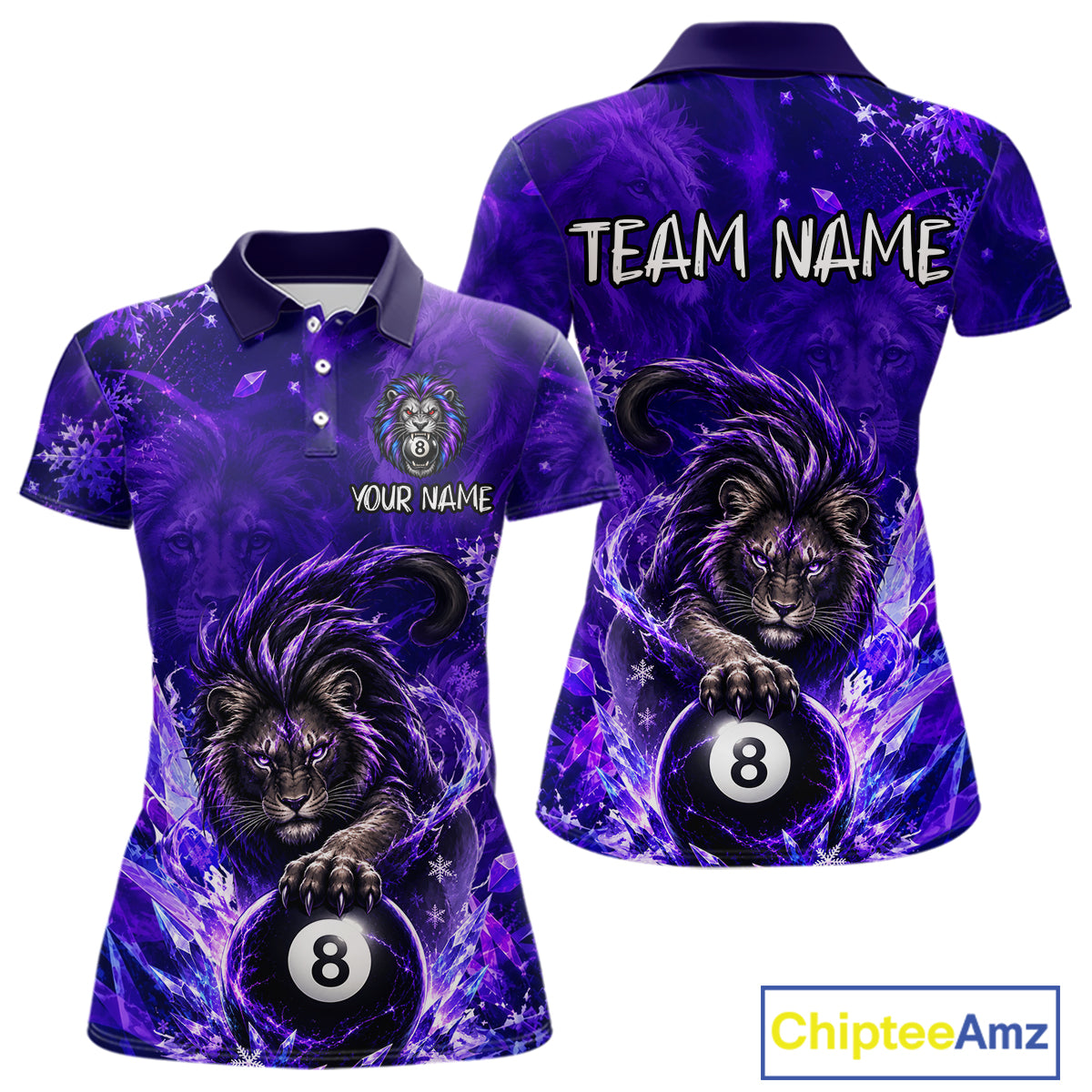 Custom Fierce Lion Billiard Shirt for Women Purple 8 Ball Pool Team Jersey Polo & 1/4 Zip BHT107