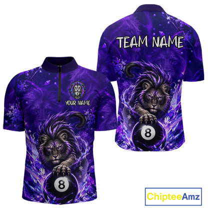 Custom Fierce Lion Billiard Shirt for Men Purple 8 Ball Pool Team Jersey Polo & 1/4 Zip BHT107
