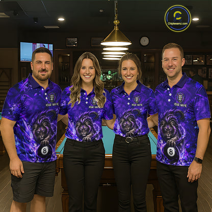 Custom Fierce Lion Billiard Shirt for Men Purple 8 Ball Pool Team Jersey Polo & 1/4 Zip BHT107
