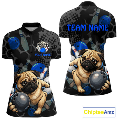Two polo shirts with pug dog design and bowling elements, one with 'Team Name' and 'Your Name' text space.