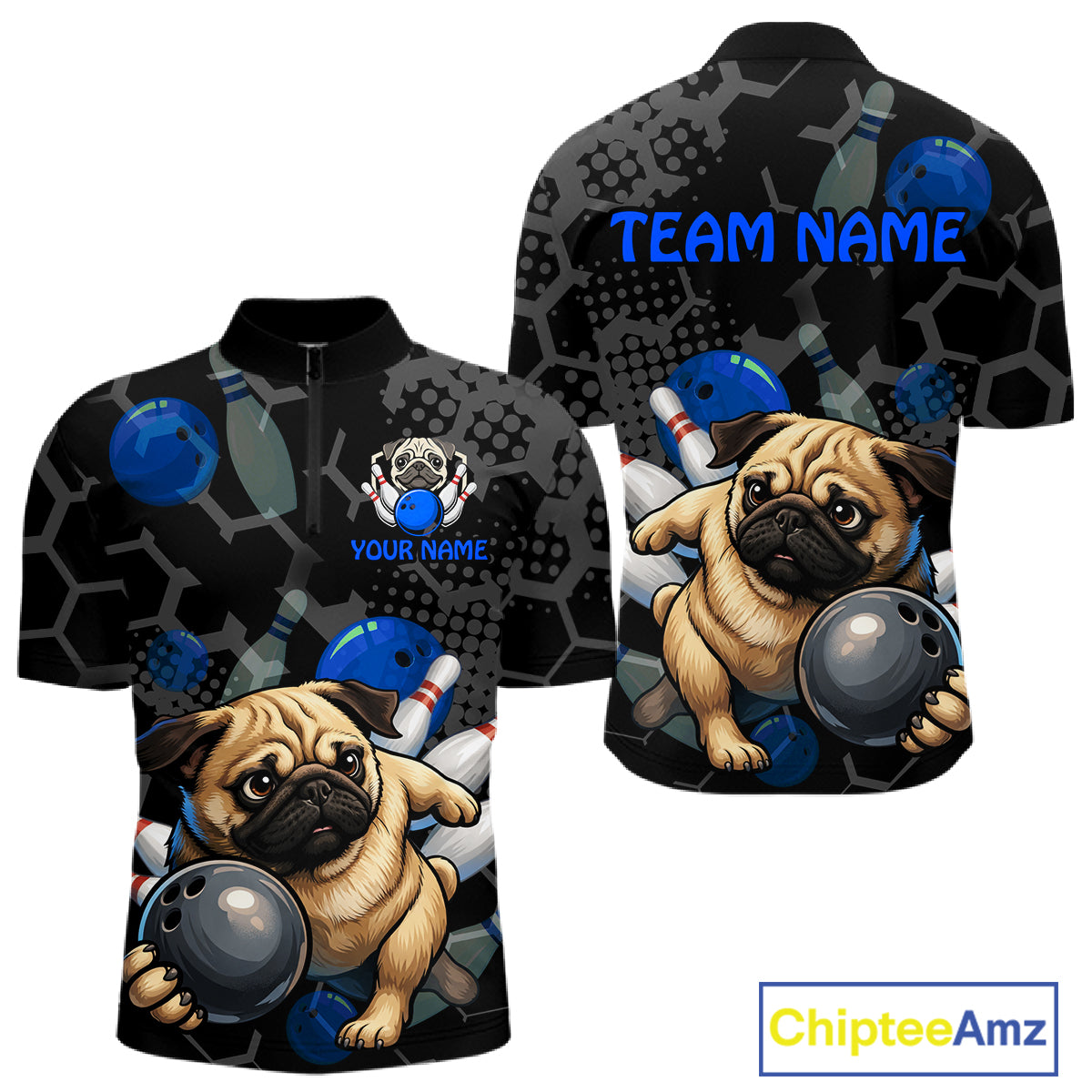Black sports jersey with pug dog design and customizable text on a white background
