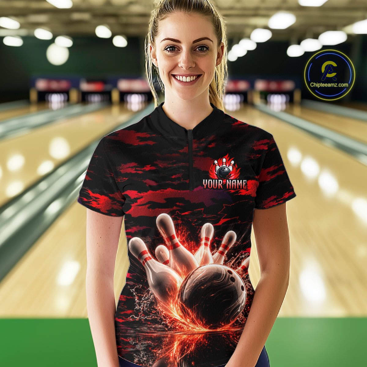 Flame Red Pattern Bowling Shirt for Women Bowling Team Jersey Polo & 1/4-Zip QZT1027