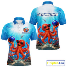 Load image into Gallery viewer, Two views of a polo shirt with an octopus design and 'Team Name' text on a blue gradient background.