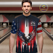 Load image into Gallery viewer, Man wearing a bowling shirt with an eagle design in a bowling alley.