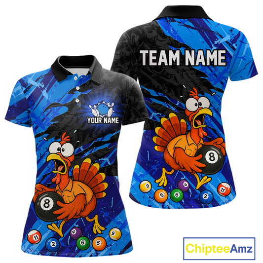 Custom short-sleeve polo shirt shown from front and back on a white background. The shirt features a blue and black abstract background with a cartoon turkey holding an 8-ball billiard ball, colorful numbered balls, and customizable text placeholders 'YOUR NAME' and 'TEAM NAME'.