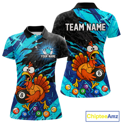 Custom short-sleeve polo shirt shown in front and back views, featuring a colorful cartoon turkey and billiards theme with placeholders for team name and personalization.