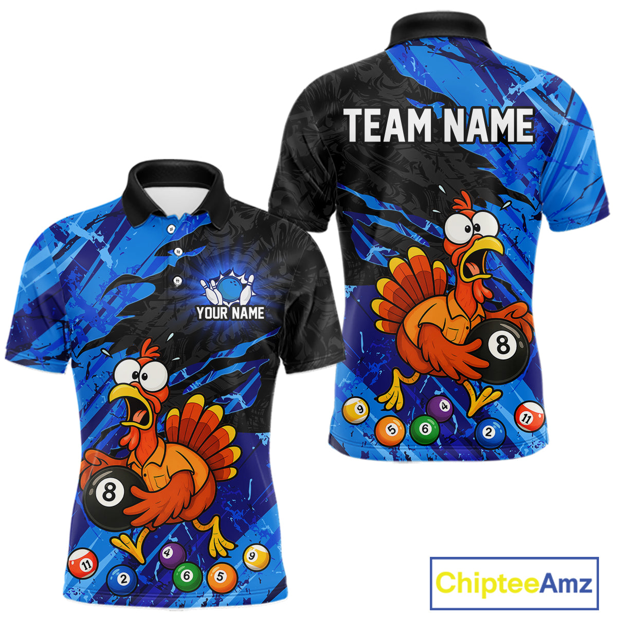 Front and back views of a short-sleeve polo shirt with a blue and black abstract background, featuring a cartoon orange turkey holding a black 8-ball pool bill, colorful pool balls, and customizable text areas reading 'TEAM NAME' on the back and 'YOUR NAME' on the front. A ChipteeAmz logo appears in the bottom right corner.