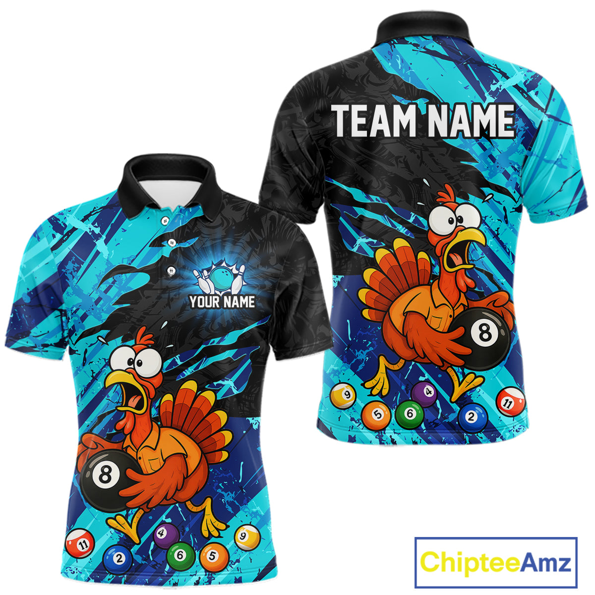 Front and back views of a short-sleeve polo shirt with a vibrant cyan and black paint-splatter background, featuring a cartoon angry chicken holding an 8-ball pool bill. The shirt includes customizable text placeholders 'YOUR NAME' on the front chest and 'TEAM NAME' on the back collar