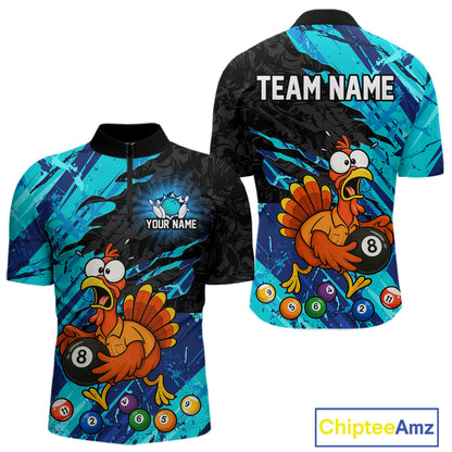 Front and back views of a short-sleeve quarter-zip jersey with a colorful cartoon turkey and billiards design. The front has a black collar and a partial zipper, with customizable text placeholders 'YOUR NAME' and 'TEAM NAME' on the back