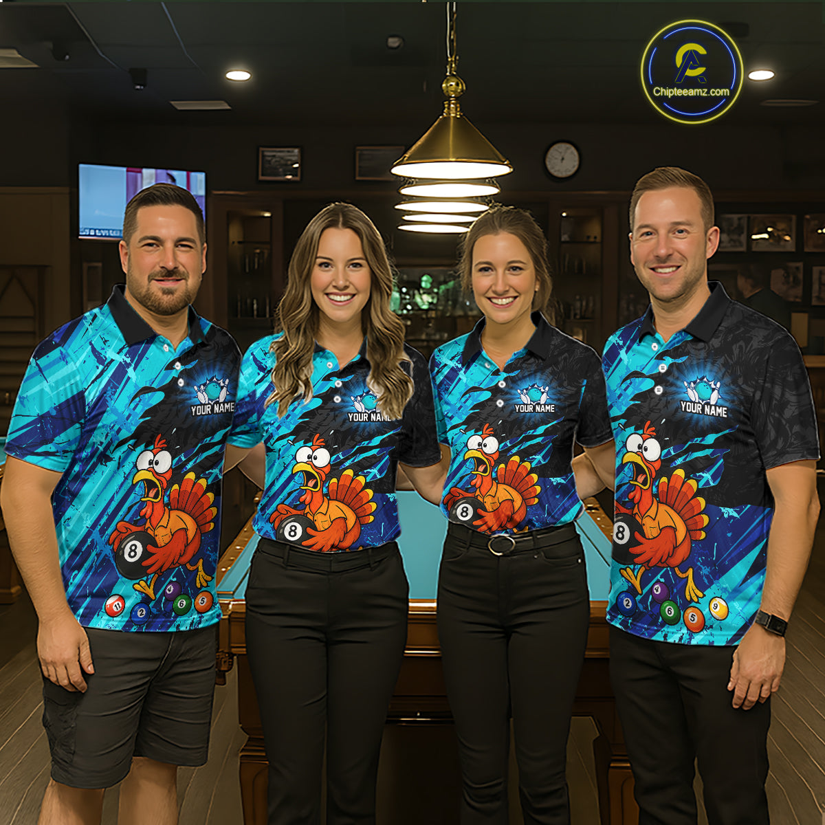 Four people standing in a bar or pool hall wearing matching custom printed polo shirts with a cyan and black background and a large cartoon turkey graphic. The shirts also feature the text 'YOUR NAME' and a circular 'Cheerpaws.