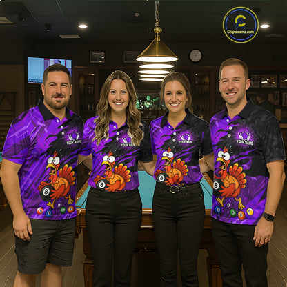 Four people standing together in a bar or poolroom setting, wearing matching purple and black patterned polo shirts with a large cartoon turkey graphic and the text 'YOUR NAME'.